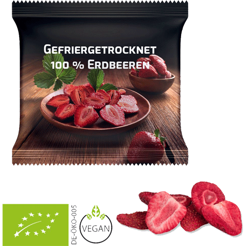 Gefriergetrocknete Erdbeeren bedrucken mit Logo | Werbeartikel