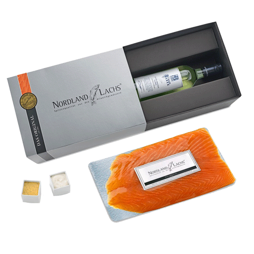Lachsgeschenk De Luxe 1 mit Weißwein | Werbepräsent