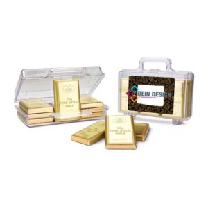 Goldbarren Koffer mit Schokolade Druck mit Logo als Werbeartikel
