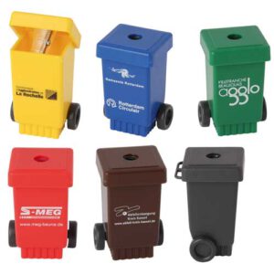Bleistiftspitzer Mülltonne mit Logo | Werbemittel