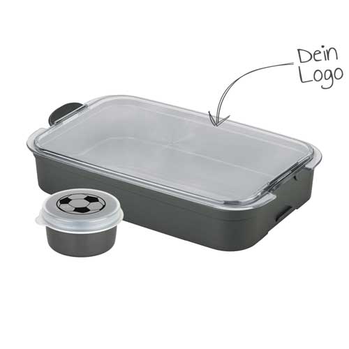 Lunchbox Fussball schwarz mit Dipschale | Werbeartikel Stark Bentobox mit Logo Druck