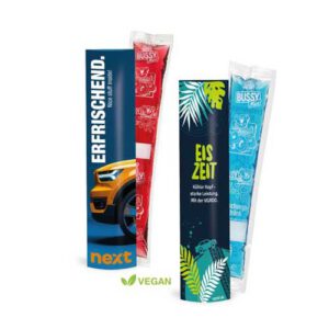 Bussy Wassereis im Promopack mit Logo bedrucken / Werbeartikel
