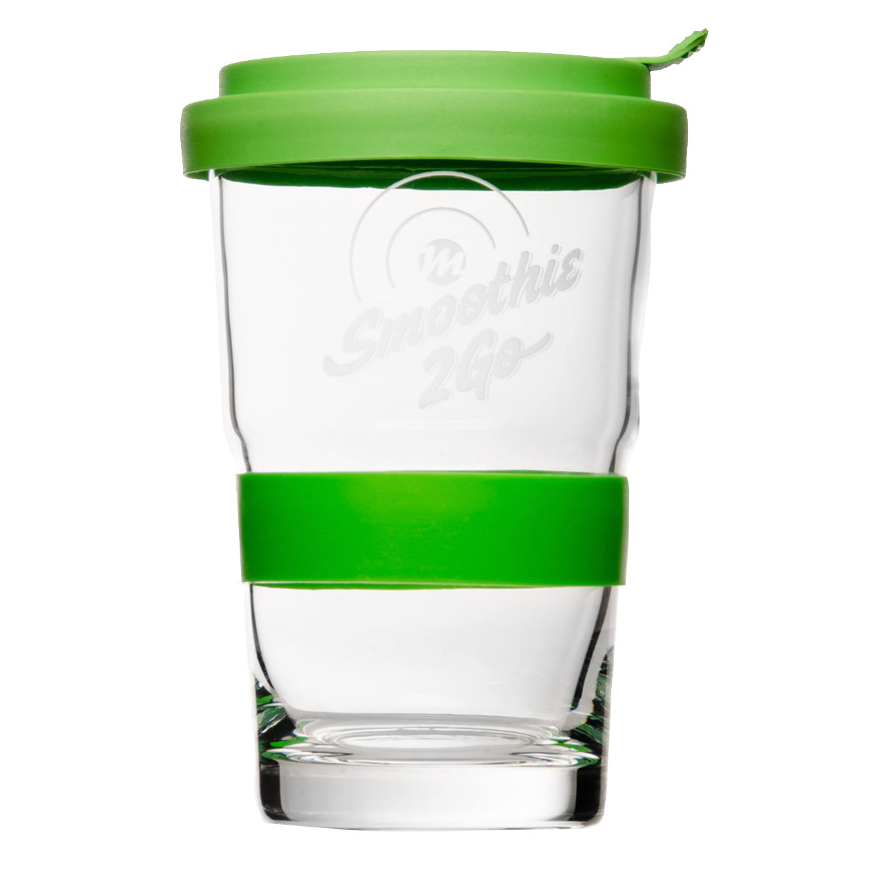 Smoothie to go Trinkglas mit Logogravur + grünem Deckel
